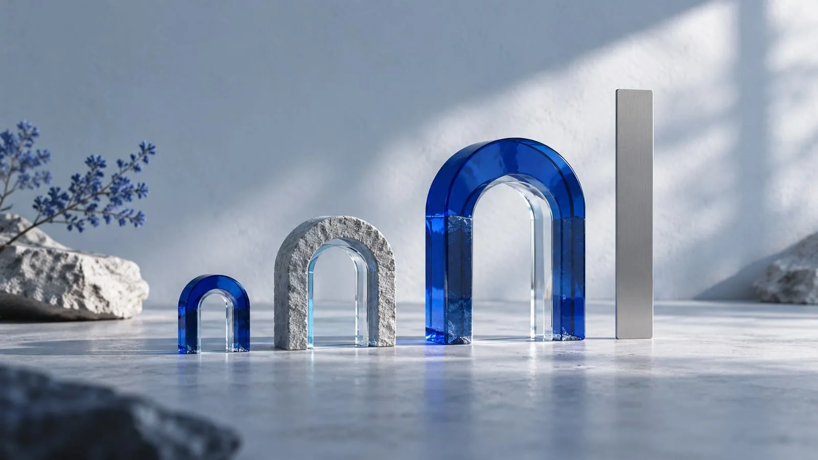 Miniature blue and stone portals beside a tall white block — SeeIndie