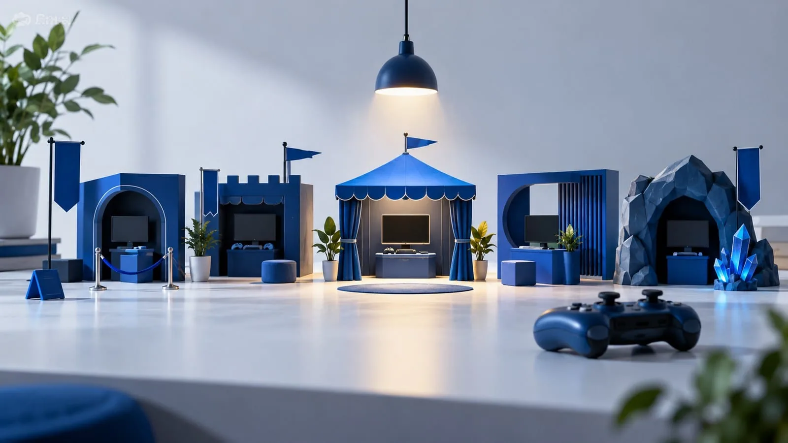 Miniature blue exhibition booths beside a controller — SeeIndie