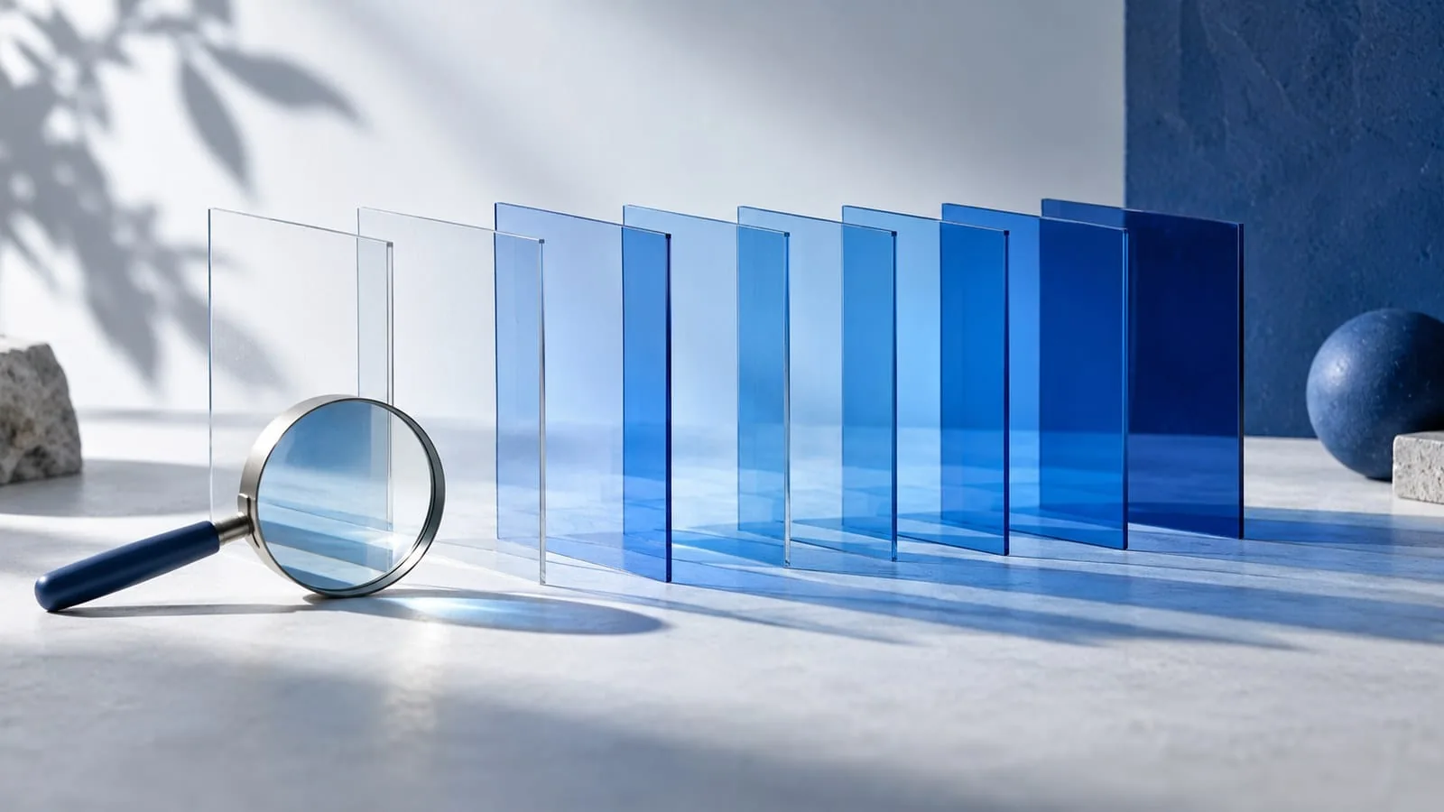Layered translucent panels casting blue shadows beside a magnifier — SeeIndie