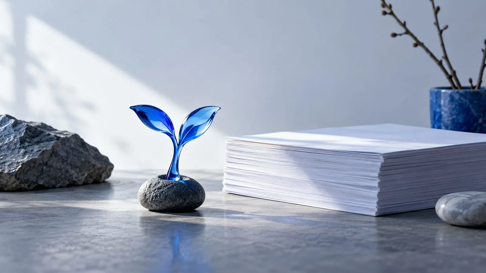 A small blue glass sprout beside blank measurement sheets — SeeIndie