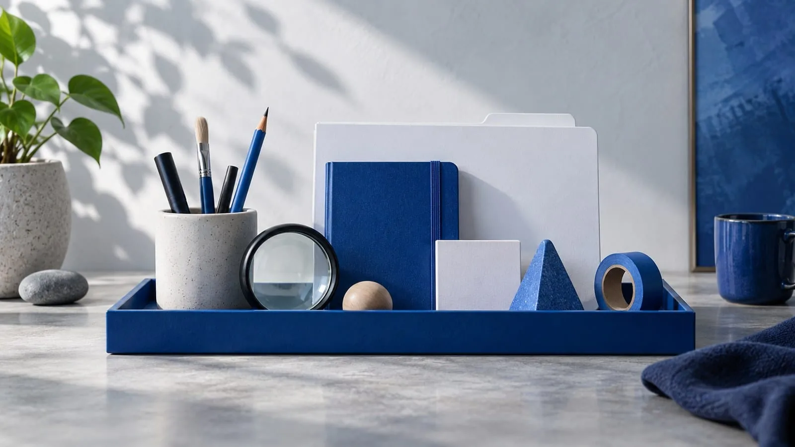 A tray containing a ruler, lens, pencil and folder — SeeIndie