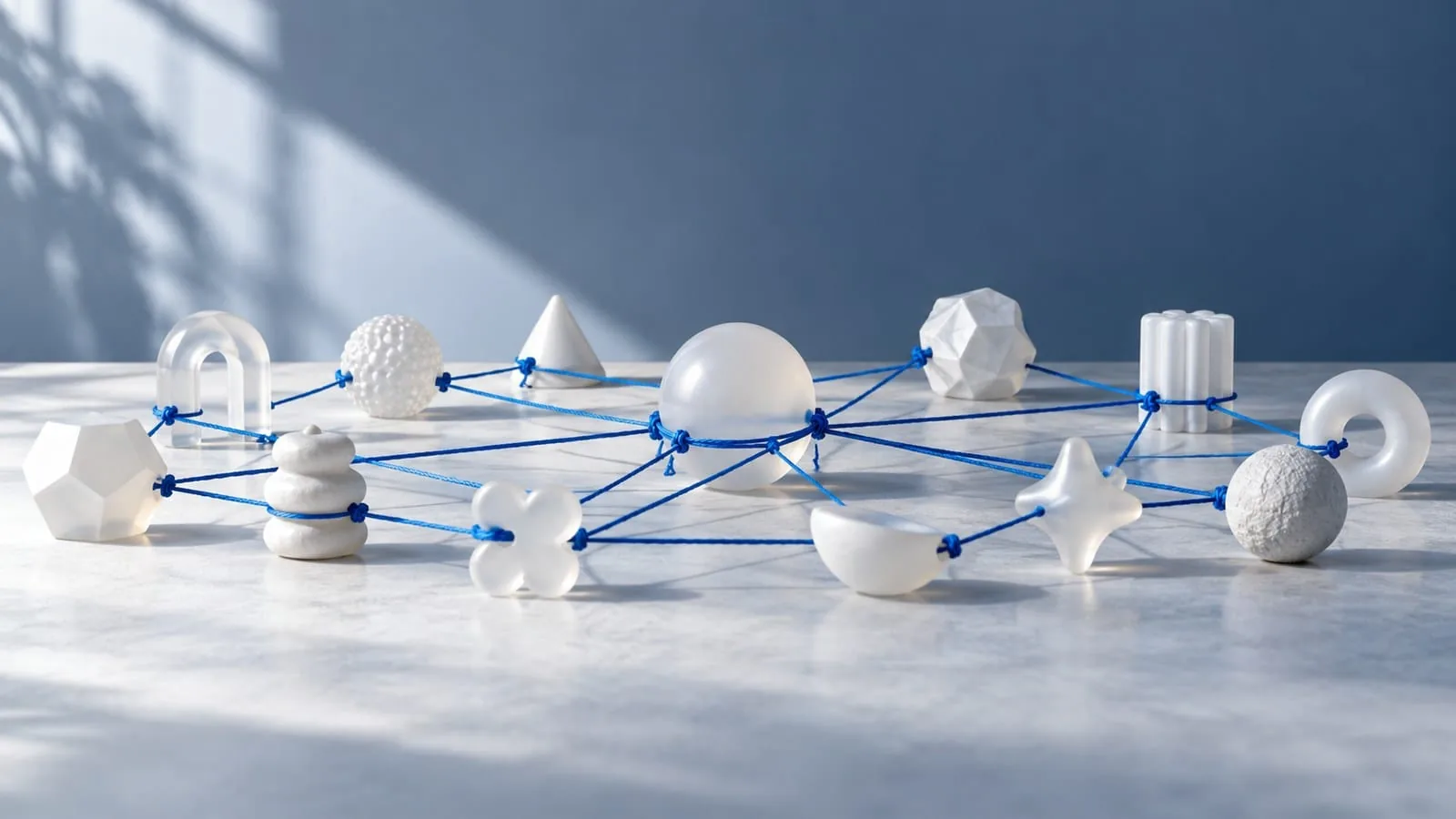 Blue cords linking translucent tokens into a map — SeeIndie