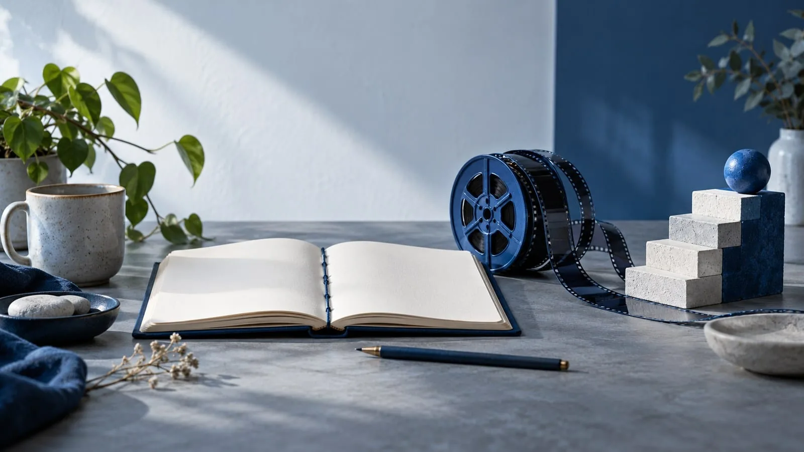 Open blank notebook beside a blue film spool — SeeIndie