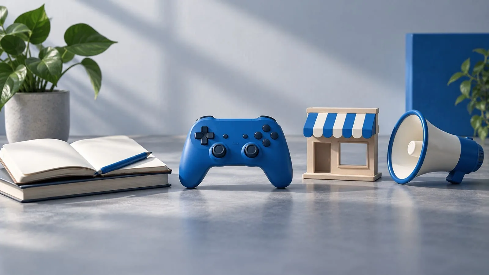 A blue controller beside a notebook, storefront frame and megaphone — SeeIndie