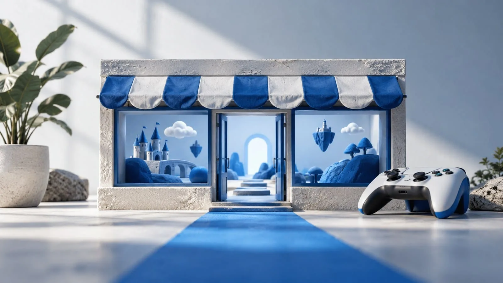 A miniature storefront with blue game-world shapes and a controller — SeeIndie